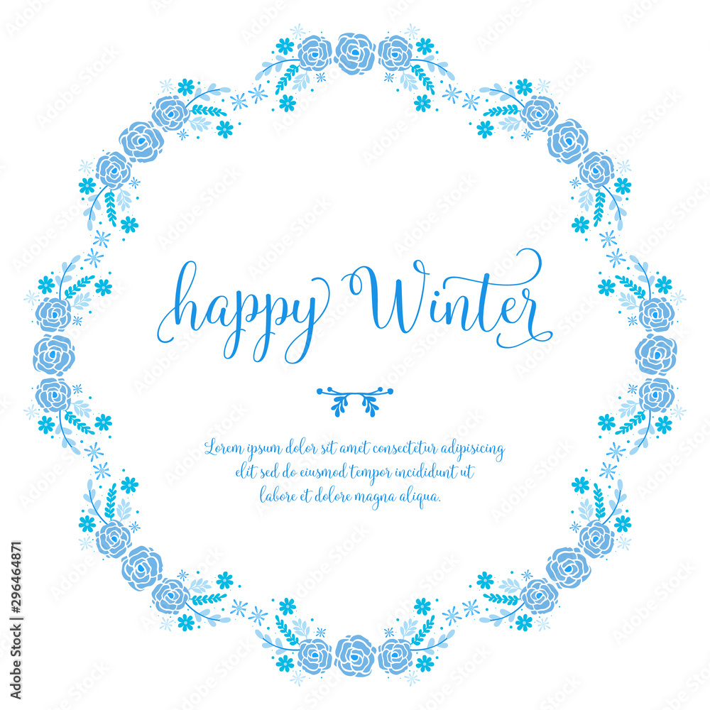 Template lettering card happy winter, with art of vintage blue leaf flower frame. Vector Template lettering card happy winter, with art of vintage blue leaf flower frame. Vector