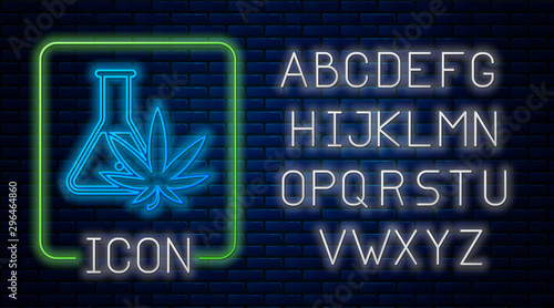 Glowing neon Chemical test tube with marijuana or cannabis leaf icon isolated on brick wall background. Research concept. Laboratory CBD oil concept. Neon light alphabet. Vector Illustration