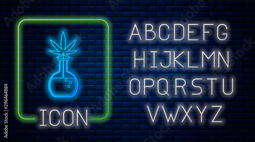 Glowing neon Chemical test tube with marijuana or cannabis leaf icon isolated on brick wall background. Research concept. Laboratory CBD oil concept. Neon light alphabet. Vector Illustration