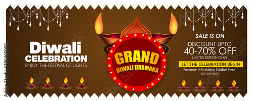 Diwali Festival Sale Design Template with Discount Tag and Creative Lamps, Floral Ornament ,mandala, Abstract Background - Diwali Offer