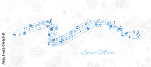 Christmas design element from flying lines, music notes and snowflakes. Winter holiday decoration on the light background from snow.
