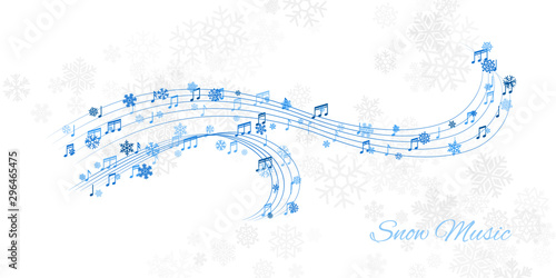 Christmas design element from flying lines, music notes and snowflakes. Winter holiday decoration on the light background from snow.