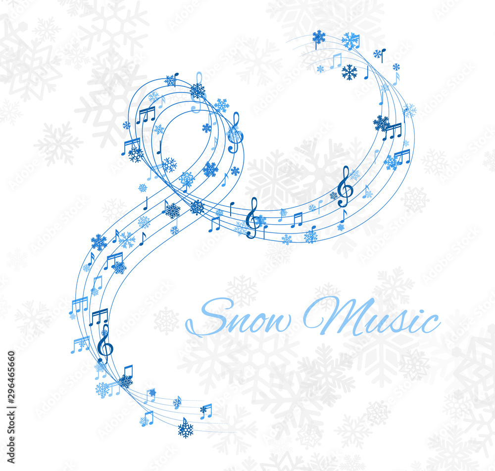 Obraz premium Christmas design element from flying lines, music notes and snowflakes. Winter holiday decoration on the light background from snow.