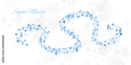 Christmas design element form  flying lines, music notes and snowflakes. Winter holiday decoration on the light background from snow.