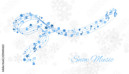 Christmas design element form  flying lines, music notes and snowflakes. Winter holiday decoration on the light background from snow.