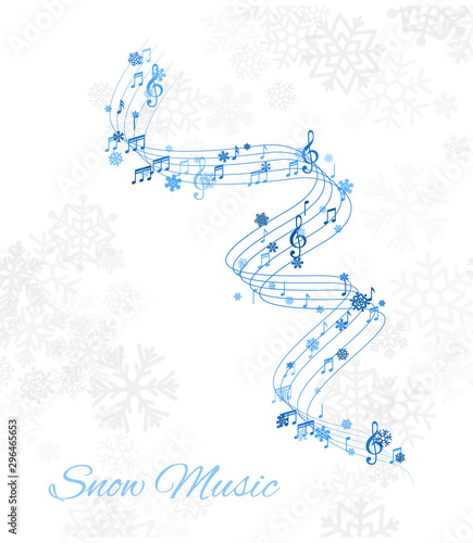 Christmas design element from flying lines, music notes and snowflakes. Winter holiday decoration on the light background from snow.
