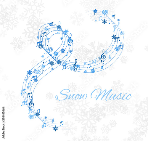 Christmas design element from flying lines, music notes and snowflakes. Winter holiday decoration on the light background from snow.