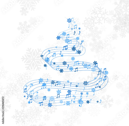 Christmas design element from  flying lines, music notes and snowflakes. Winter holiday decoration on the light background from snow.