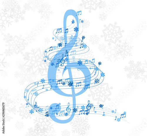 Christmas design element form  flying lines, music notes and snowflakes. Winter holiday decoration on the light background from snow.
