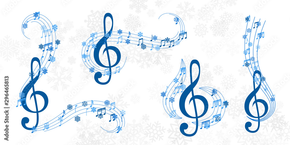 Christmas design element form flying lines, music notes and snowflakes. Winter holiday decoration on the light background from snow. Christmas design element form flying lines, music notes and snowflakes. Winter holiday decoration on the light background from snow.