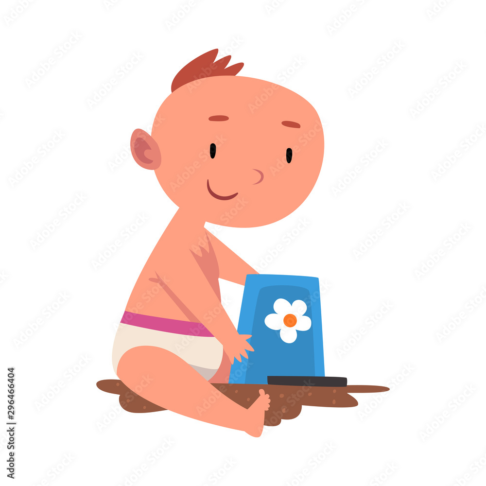 Baby plays with sand and molds cartoon vector illustration Baby plays with sand and molds cartoon vector illustration