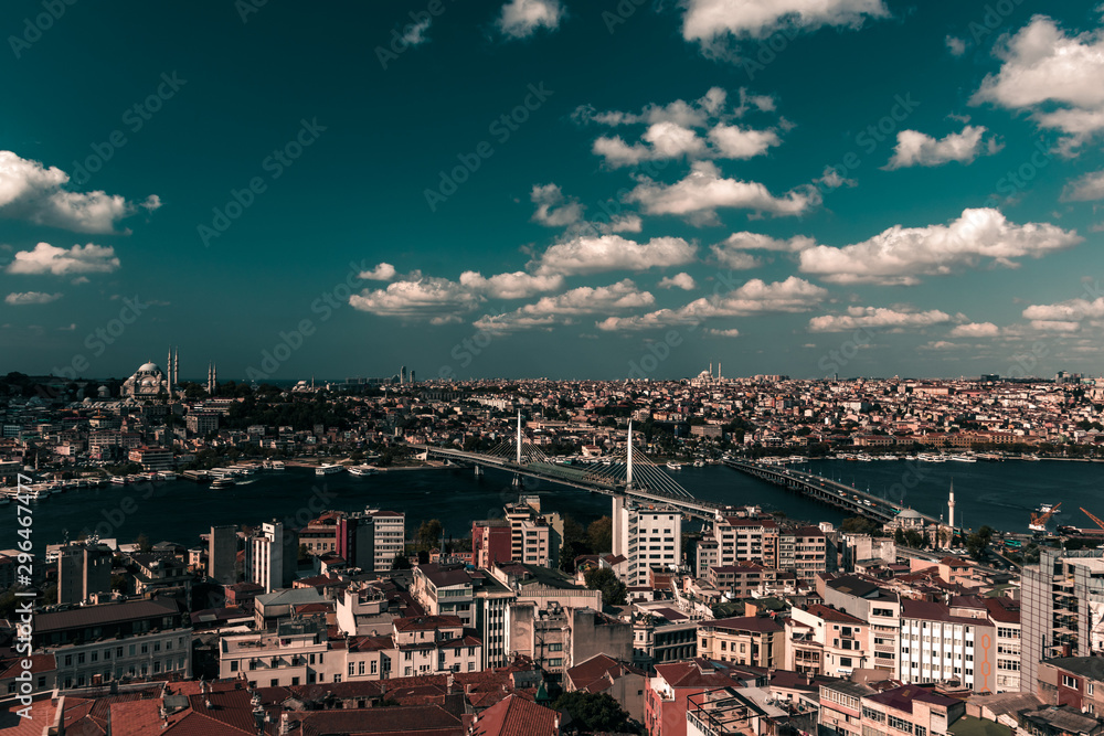 Aerial View from the Galata Tower of Golden Horn and the Halic metro bridge and Ataturk bridge on a cloudy day.
