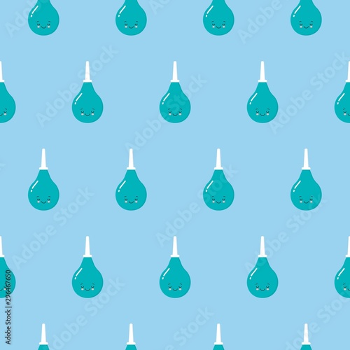 Seamless pattern texture of endless repeating medical rubber blue cute enema pears for cleaning the intestines on a white background. Kawaii style