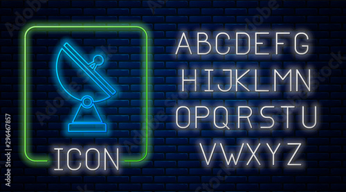 Glowing neon Radar icon isolated on brick wall background. Military search system. Neon light alphabet. Vector Illustration
