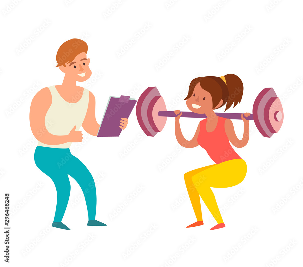 Obraz premium Woman with dumbbells squats and coach. Weight loss healthy lifestyle concept. Trainer in the gym art. Isolated vector illustration on white background