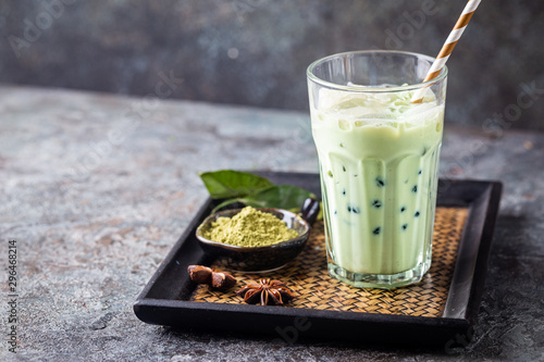 Matcha bubble tea with tapioca pearls in tall glasses