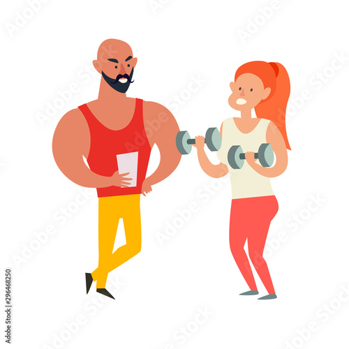 Woman with dumbbells and coach. Weight loss healthy lifestyle concept. Trainer in the gym art. Isolated vector illustration on white background © coffeee_in
