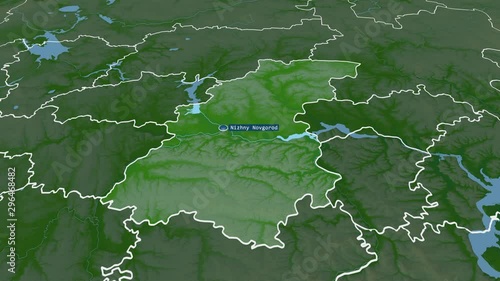 Nizhegorod - region of Russia (territory after annexation of Crimea in 2014) with its capital zoomed on the physical map of the globe. Animation 3D photo