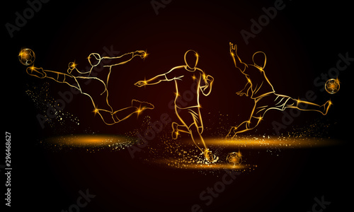 Soccer players set. Golden linear football player illustration for sport banner, background and flyer.