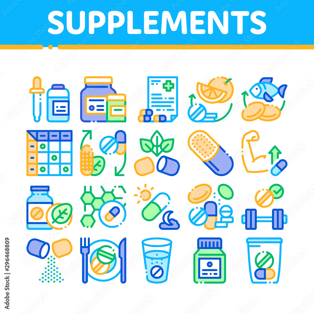 Supplements Collection Elements Icons Set Vector Thin Line. Pills And Drugs, Plastic Container With Dropper Bio Healthcare Supplements Concept Linear Pictograms. Monochrome Contour Illustrations