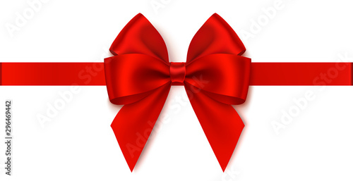 Decorative red bow with horizontal ribbon. Vector bow for page decor isolated on white