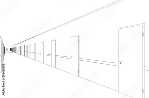 long corridor with doors  contour visualization  3D illustration  sketch  outline