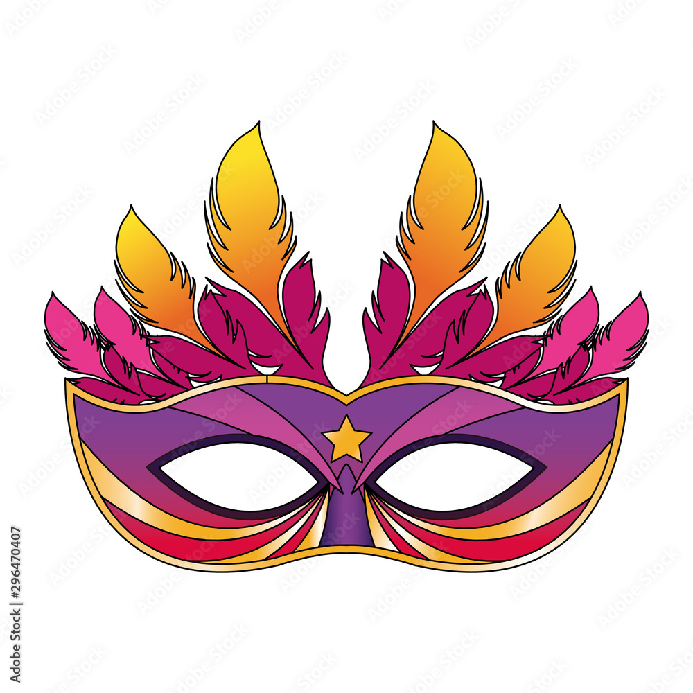 Carnival mask with feathers over white background