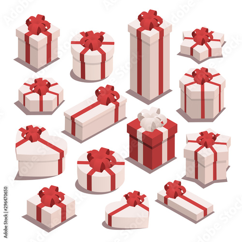 Set of vector isometric christmas gifts. Gift boxes of different shapes