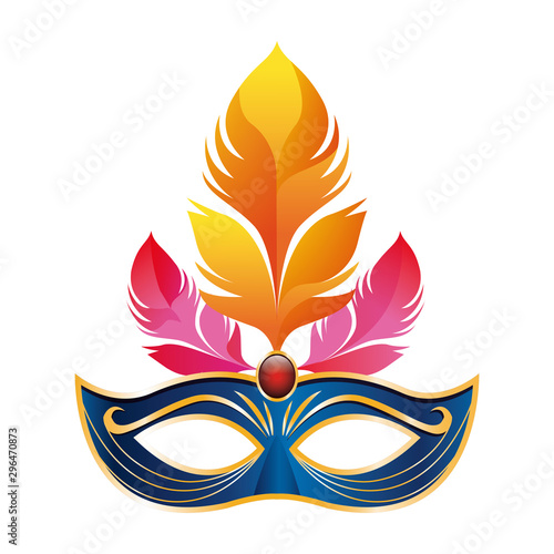Carnival mask with feathers over white background