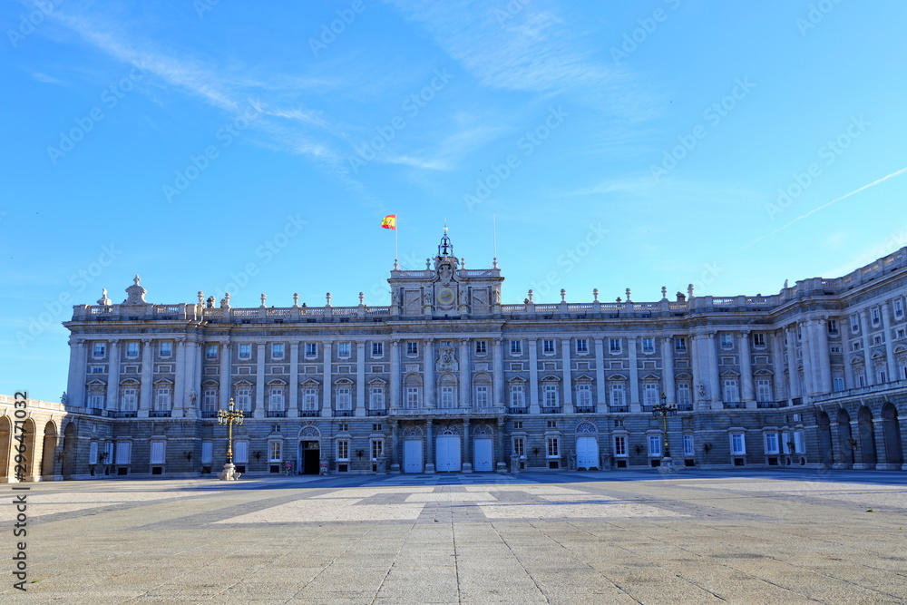 Fototapeta premium The Palacio Real de Madrid (Royal Palace) and the Plaza de Armeria is the ceremonial residence of the royal Spanish 