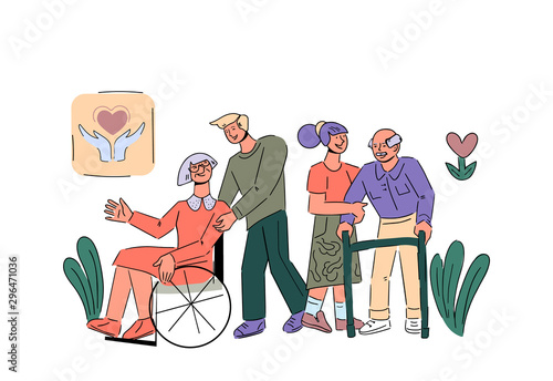 Volunteers take care senior disabled people cartoon vector illustration isolated on white background. Banner for Volunteering Day on 5 December for charity and supporting elderly people foundations.