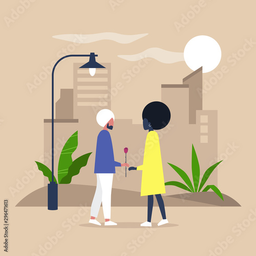 A couple of young adults on a romantic date in a park with a cityscape, modern interracial relationships