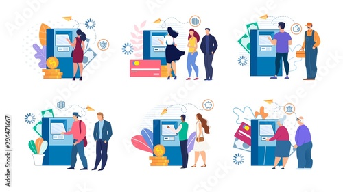 Cartoon People and Cashing Money at ATM Set