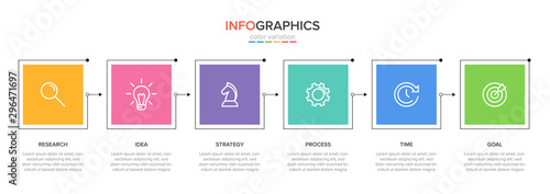 Concept of arrow business model with 6 successive steps. Six colorful graphic elements. Timeline design for brochure, presentation. Infographic design layout.