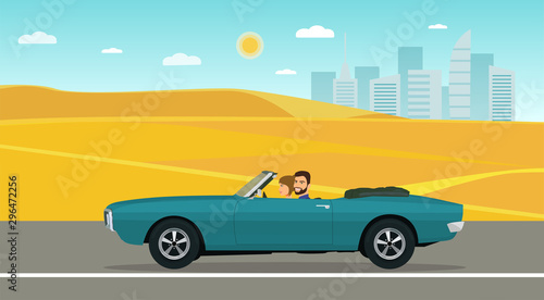A man and a woman ride in a classic convertible car along the desert road. Vector flat style illustration.