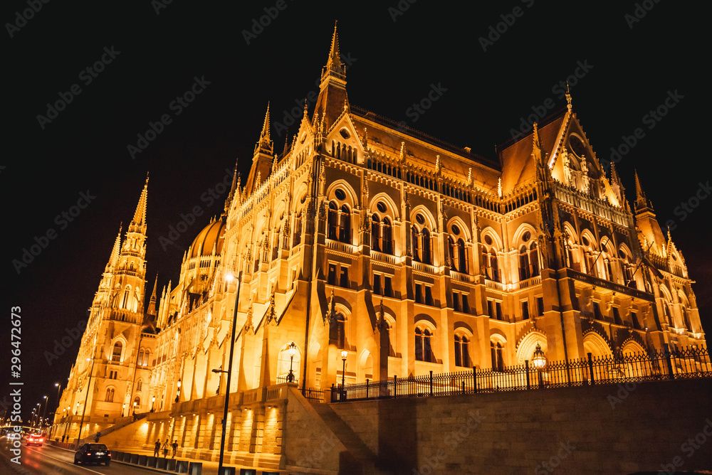 Budapest/Hungary - June 29, 2019 : Hungarian Parliament in Budapest by night, Hungary.