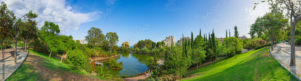 Panoramic views of the city public park of Paloma (Parque De La Paloma) in Benalmadena, a resort on the Costa del Sol near Malaga. Andalusia, Spain.
