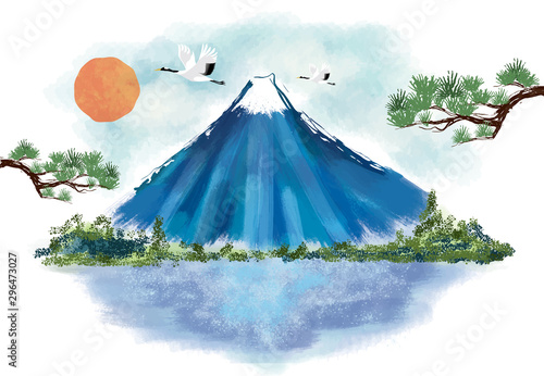 年賀状：富士山　富士　松　風景　年賀状　和風　和柄　和　手描き　山　初日の出