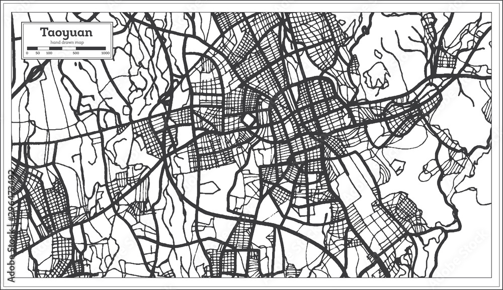 Taoyuan Taiwan City Map in Black and White Color. Outline Map.