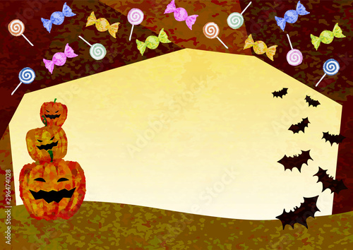 ハロウィンの背景　かぼちゃ、飴、コウモリ