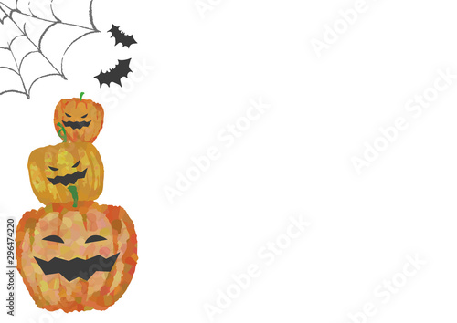 ハロウィンの背景　かぼちゃ、クモの巣、コウモリ　白