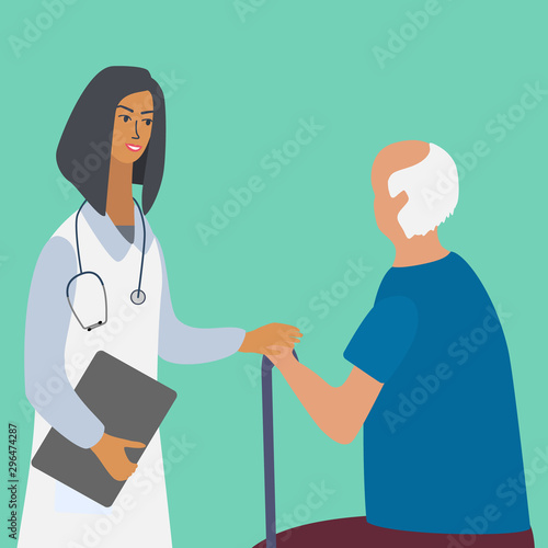 Doctor visiting and consulting an old man. Care of elderly people medical concept with doctor and patient. Colorful vector illustration in flat style