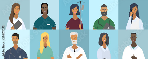 Collection of doctor portraits or avatars. Various faces: blonde, brunette, with beard, African American, trendy hairstyle. Teamwork of medical specialists. Flat vector illustration in cartoon style