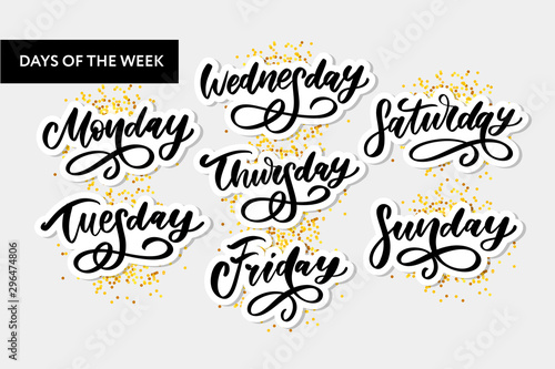 Vector handwritten week days and symbols set. Ink font. Stickers for planner and other. Clipart. Isolated.