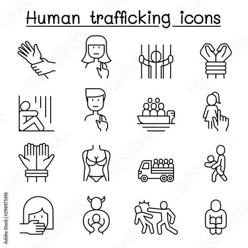 Human trafficking icon set in thin line style