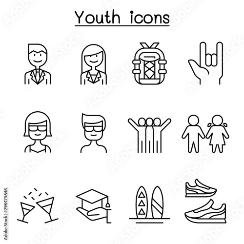 Youth icon set in thin line style