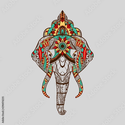 Ethnic patterned head of elephant With Mandala crown red blue yellow colour 