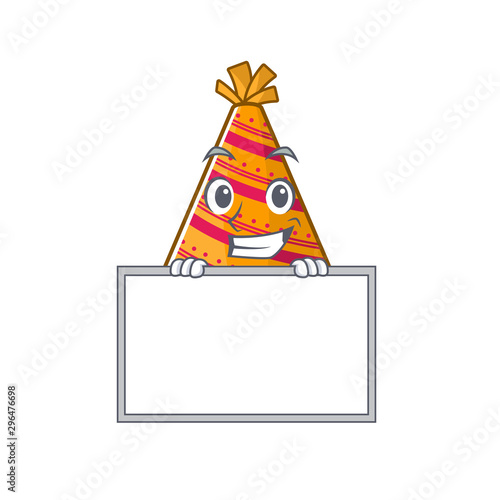 Grinning with board party hat character isolated in cartoon