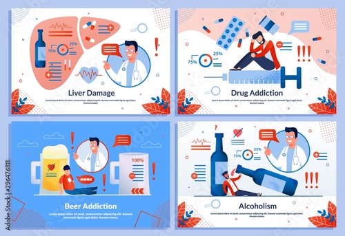 Alcohol and Drugs Liver Damage Flat Banner Set