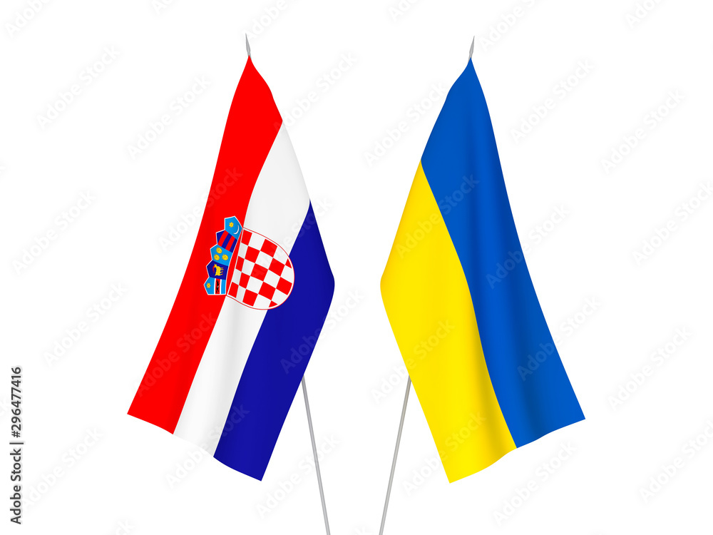 National fabric flags of Ukraine and Croatia isolated on white background. 3d rendering illustration.